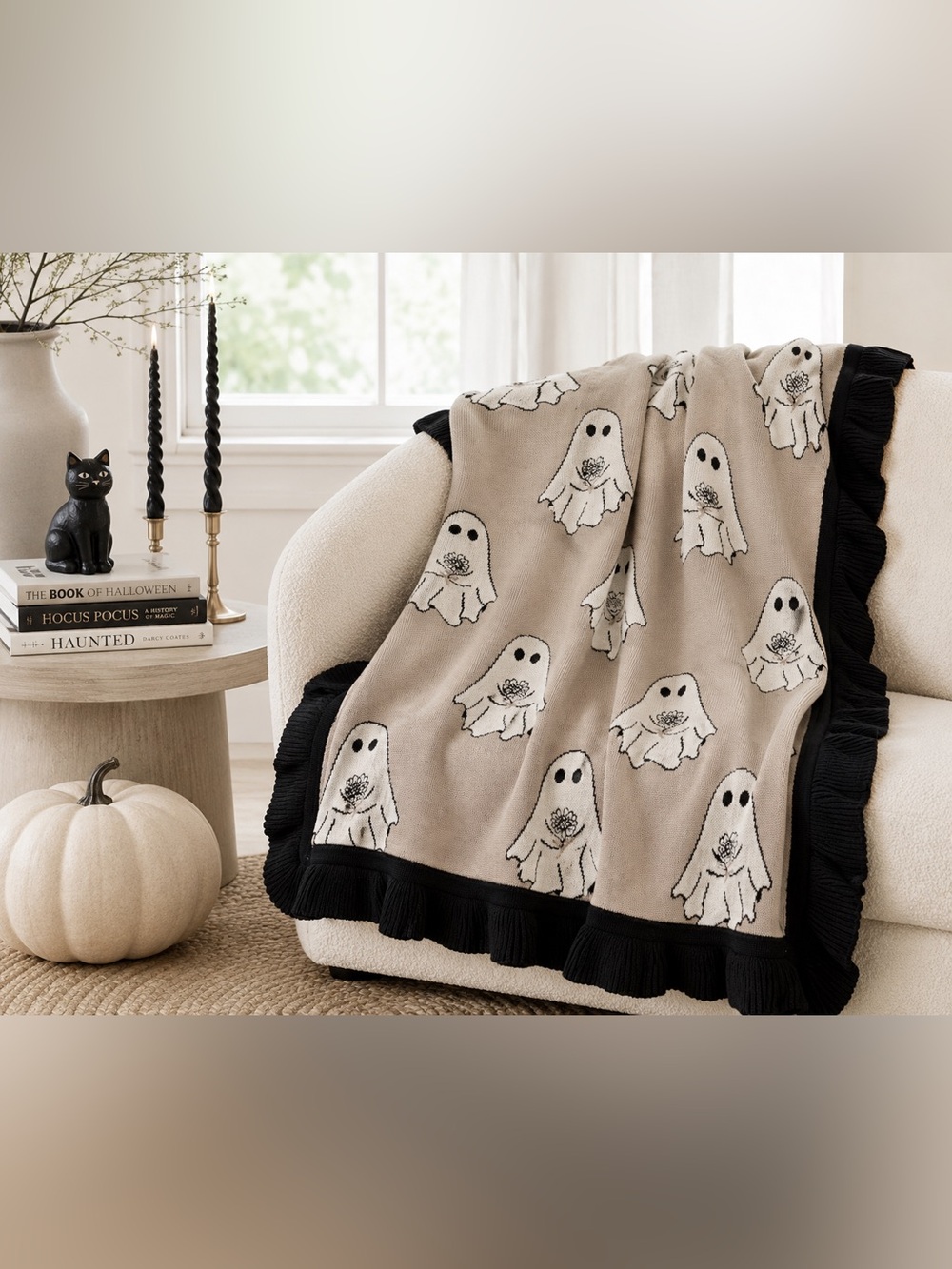 Cupcakes & Cashmere Ghost Knit Throw Blanket with Black Ruffle Trim Halloween
